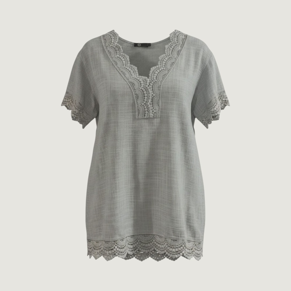 M Made in Italy Grey Cotton Crochet Lace Trim Blouse Top Luxury Boho Medium